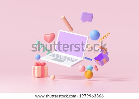 Floating Laptop blank screen with gift, heart, ribbon and geometric shapes on pink background 