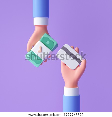 3d cartoon hand swap banknote and credit card for online payment concept. online buying, Cashless society. 3d render illustration