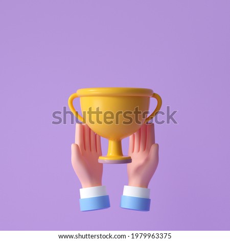 3D Hand hold yellow Trophy cup. celebration, winner, champion and reward concept. 3d render illustration
