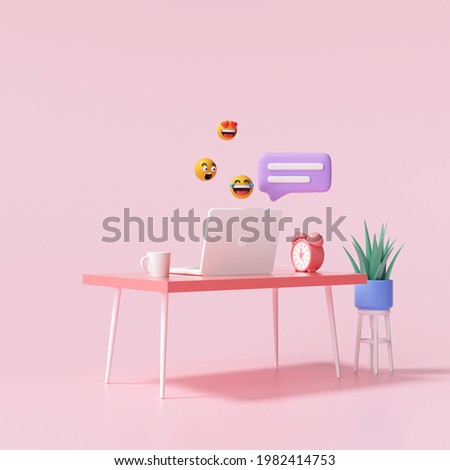 3D Table and laptop with bubbles chat and emojis for work from home and online chatting concept. 3d render illustration