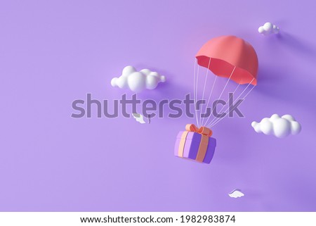 3D Red parachute carrying purple gift box flying through clouds. 3d render illustration Foto d'archivio © 