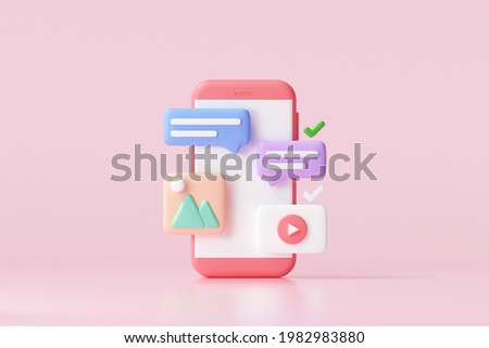 3D Social media platform, online social communication applications concept, emoji, webpage, search icons, chat and chart with smartphone background. 3d illustration