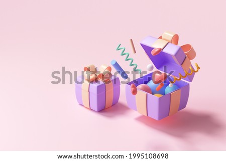 3D surprise gift box, open gift box with objects explosion, greeting, lucky, special offer concept. 3d render illustration