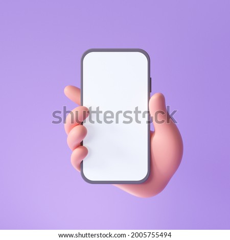 3D Cartoon hand holding smartphone isolated on purple background, Hand using mobile phone mockup. 3d render illustration