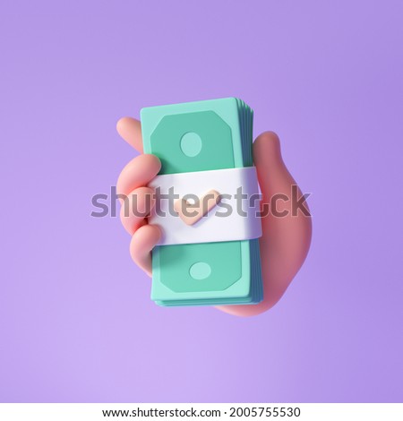 3D Hand holding banknote on purple background, money saving, online payment and payment concept. 3d render illustration