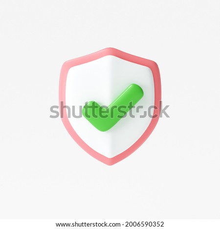 3d protection shield icon, checkmark on shield symbol, safety concept. 3d render illustration