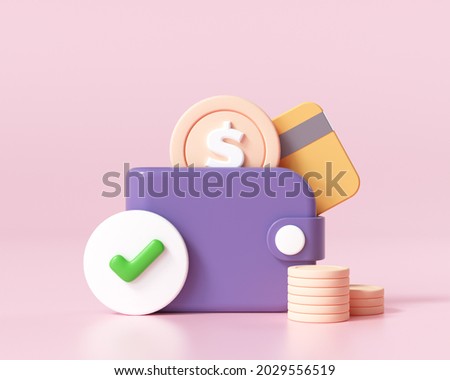 3D Money Saving icon concept. Online payment, Wallet, coins stack, and credit card on pink background, 3d rendering illustration