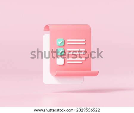 White clipboard with checklist on pink background. 3d render illustration.
