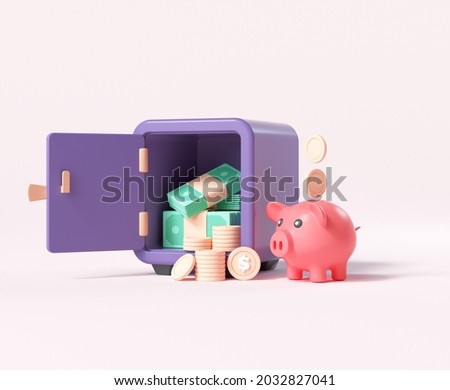 Open Vault or Safe box with coin stacks, bunch of money and piggy bank, money-saving, and stored money concept. 3d render illustration