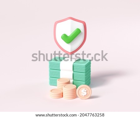 Money-saving concept. Coins stack and bundles of money on pink background. 3d render illustration