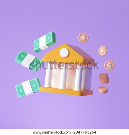 Online banking icon. money-saving, Bank, bundles of money and coins floating around on the purple background