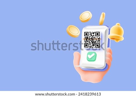 3D vector, Scan QR code and pay with mobile phone. Cartoon hand using Smartphone scan QR code pay bill. Convenient and fast mobile bill payment concept. Online transactions, payment with application