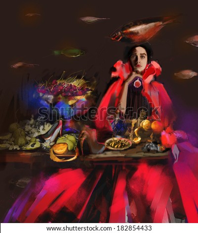 Fashion illustration with girl in red dress, fig and fishes. Still life with cherries and orange.