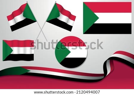 Set Of Sudan Flags In Different Designs, Icon, Flaying Flags With ribbon With Background. Free Vector