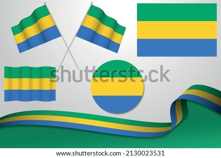 Set Of Gabon Flags In Different Designs, Icon, Flaying Flags With ribbon With Background. Free Vector