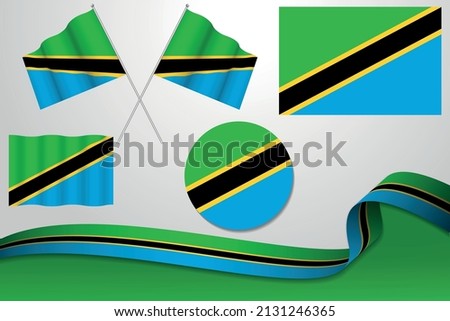 Set Of Tanzania Flags In Different Designs, Icon, Flaying Flags With ribbon With Background. Free Vector