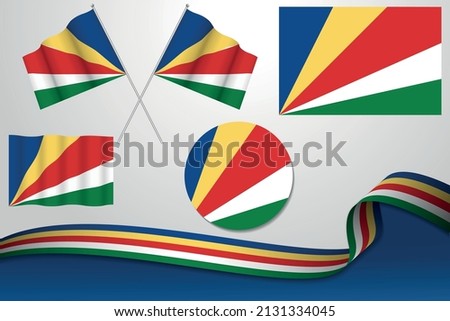 Set Of seychelles Flags In Different Designs, Icon, Flaying Flags With ribbon With Background. Free Vector