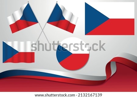 Set Of Czech Republic Flags In Different Designs, Icon, Flaying Flags With ribbon With Background.