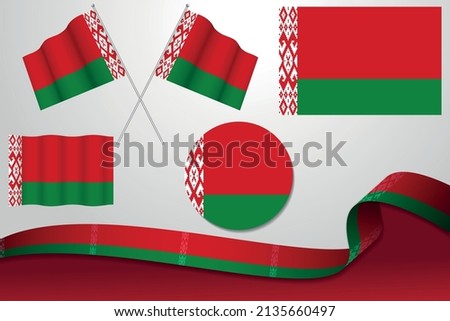 Set Of Belarus Flags In Different Designs, Icon, Flaying Flags With ribbon With Background.