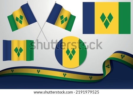 Set Of Saint Vincent and the Grenadines Flags In Different Designs, Icon, Flaying Flags And ribbon With Background.