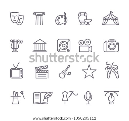Outlined arts and entertainment icon set in a white background