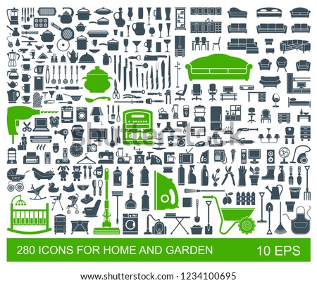 Big set of quality icons household items. Furniture, kitchenware, appliances, child care, garden. 280 Flat vector icon