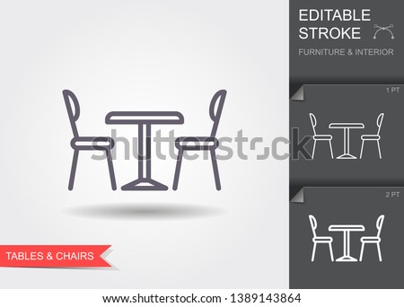 Table and chairs. Outline icon with editable stroke. Linear symbol of the furniture and interior with shadow