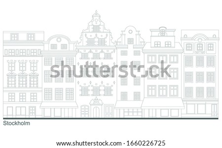 Old town of Stockholm - Stortorget place in Gamla stan. Stylized linear highly detailed illustration of an old European city. Sketch for adult anti stress coloring book page