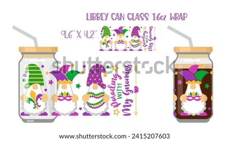Parading with my Gnomies. Mardi Gras concept with libby glass can mockup. Vector Illustration