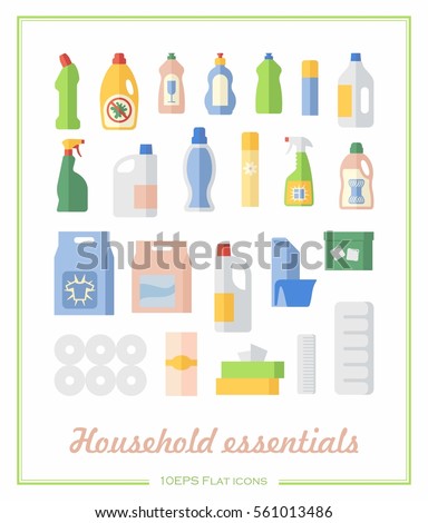 Toilet paper, wipes and cleaning supplies on showcase in a flat icons.