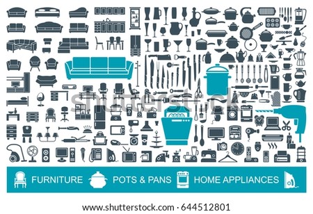 Big set of quality icons household items. Furniture, kitchenware, appliances