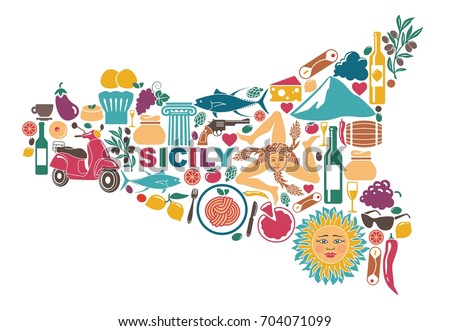 Stylized map of Sicily with traditional symbols of nature, cuisine and culture