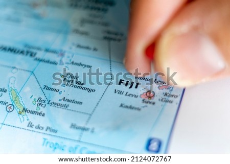 Fiji pin on a world map. Fiji travel destination planning pinned Zdjęcia stock © 