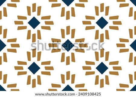 Geometric pattern square star shapes background abstract diamond motif minimalist classic colorful ornament graphic fabric style. Casual repeating textile design template, blue, white, golden colors.