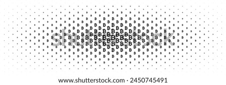 horizontal halftone spread from center of black bitcoin sign design for pattern and background.