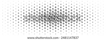 horizontal halftone of black capital letter g spreading from center for pattern and background.