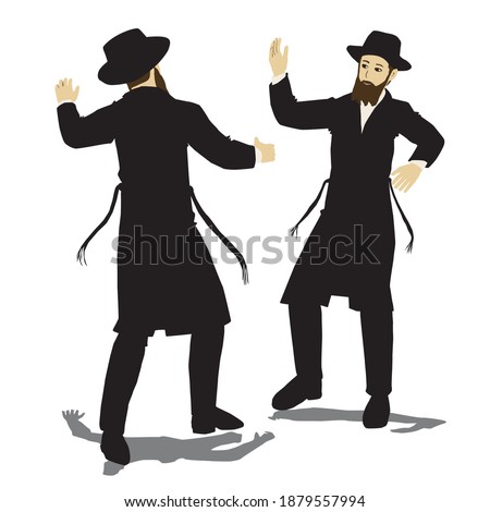 2 Jewish Hasidic Jews dancing.
Flat vector drawing.
The figures are dressed in long coats and sashes fluttering to the sides as they move, Gartel. ストックフォト © 