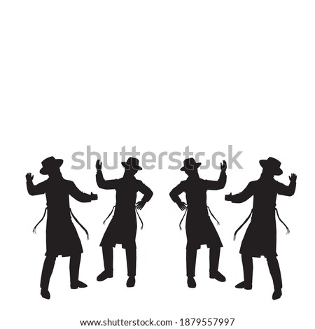 4 Jewish followers dancing.
Flat vector silhouettes. Black on a white background.
The figures are dressed in long coats and sashes fluttering to the sides as they move Foto stock © 