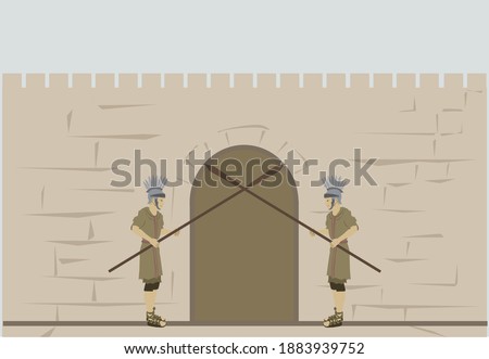2 Roman soldiers block the exit from the gate within the walls of Jerusalem, the Old City.
The figures are dressed in military clothing from the Roman Empire.
Flat colored vector drawing.