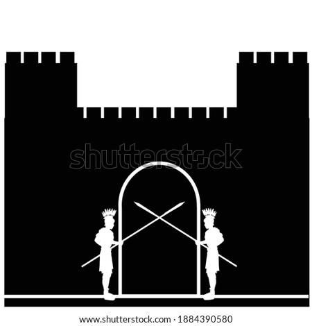 2 Roman soldiers block the exit from the gate within the walls of Jerusalem, the Old City.
The figures are dressed in military clothing from the Roman Empire.
Black silhouette on a white background.
