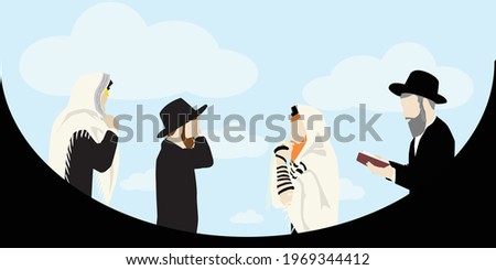 Jewish prayer. Four figures of Hassidic religious ultra-Orthodox men pray. With a tallit and tefillin, he kisses the tassel, says Shema Yisrael, arranges the tallit, and holds a prayer book. vector