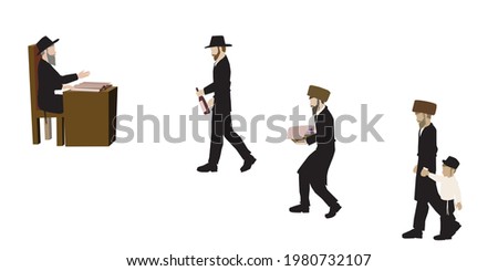 Ashkenazi Jews, ultra-Orthodox Torah observant Hasidim, bring a basket, wine, the child and a lamb on the way to the rabbi. Who sits and studies Gemara. Vector drawing on a white background. 商業照片 © 
