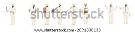 Tribe of Levi - a painting of Levitical figures in the Holy Jewish Temple in Jerusalem. Singing, playing harp, violin, flute, and ancient cymbals. One holds a key. Historical vector drawing.