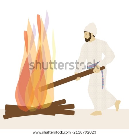 A painting of a simple Jewish priest in traditional clothing adds a plank to the perpetual fire that was lit on the altar of the Holy Temple of Solomon in Jerusalem. Part of the daily routine.
vector