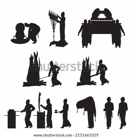 Black silhouettes of Hebrew Jewish priests working in the Holy Temple of King Solomon in Jerusalem.
Light the golden lamp, burn incense, add wood to the fire, sanctify hands and feet, carry the ark