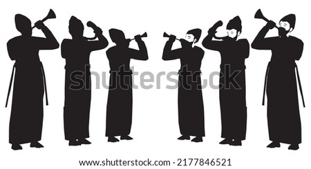 Six Jewish priests dressed in traditional clothing. Standing and blowing the shofar from a ram's horn and silver trumpets.
Vector drawing. Black silhouettes.
Isolated characters.