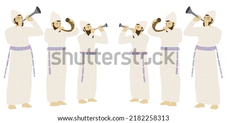 Six Jewish priests dressed in traditional clothing. Standing and blowing the shofar from a ram's horn and silver trumpets.
Colorful vector drawing on a white background.
Isolated characters.