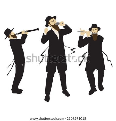 A painting of a singer and flute and clarinet players Hasidic Jewish Orthodox observant, singing and dancing. Dressed in a coat, a black suit and a hat. with a sash.
Colorful vector. isolated. 