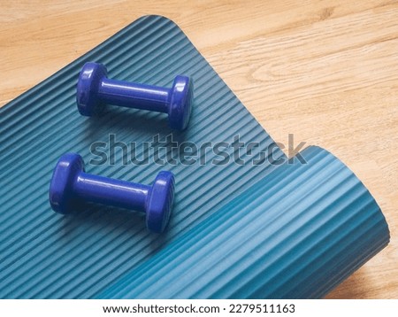 Home training space. two dumbbells on a yoga mat on the floor. Home gym, body care, healthy lifestyle, remote exercise, sports concept. Foto stock © 