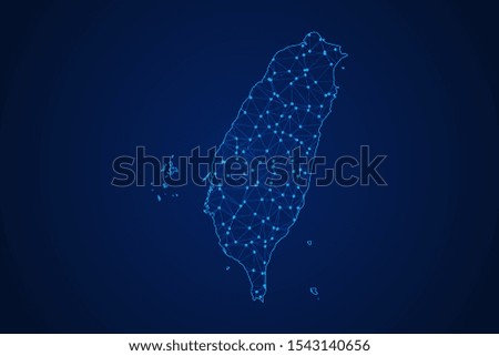 Abstract geometric of Taiwan map polygonal line, structure and point scales on blue dark background with lights and dots. Vector illustration eps 10.